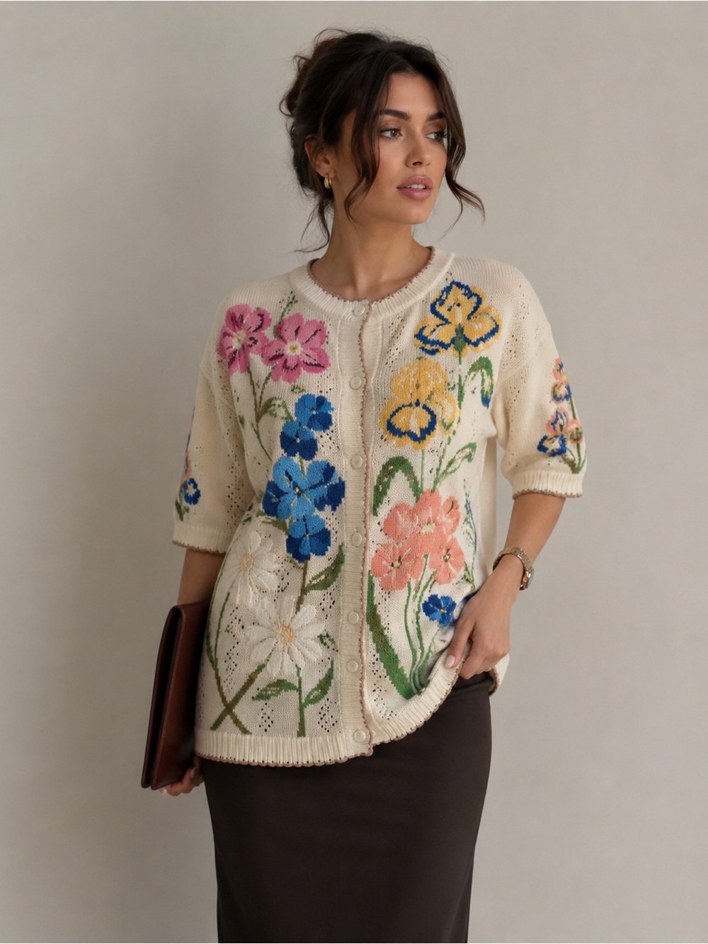 Vintage Cottagecore Floral Cardigan English Countryside Grandmacore Knit M L